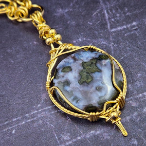 READY TO SHIP INFINITY SOFT LOCKING CHAIN COLLAR, Gold with Ocean Jasper, One of A Kind