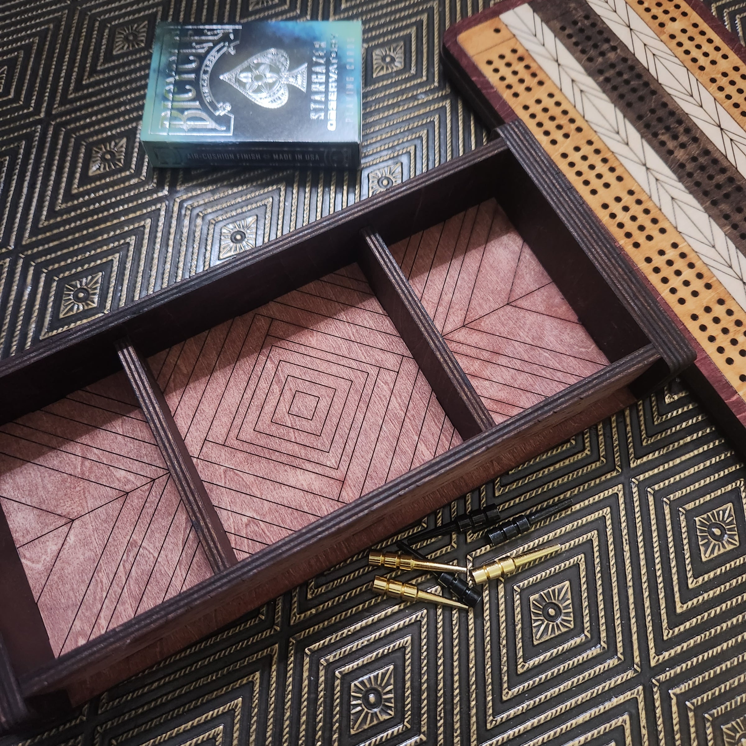 THE HEIRLOOM  CRIBBAGE GAME SET with STORAGE BOX -  Teak, Oak and Walnut Stains - from THE NAVARRI GAME COLLECTION