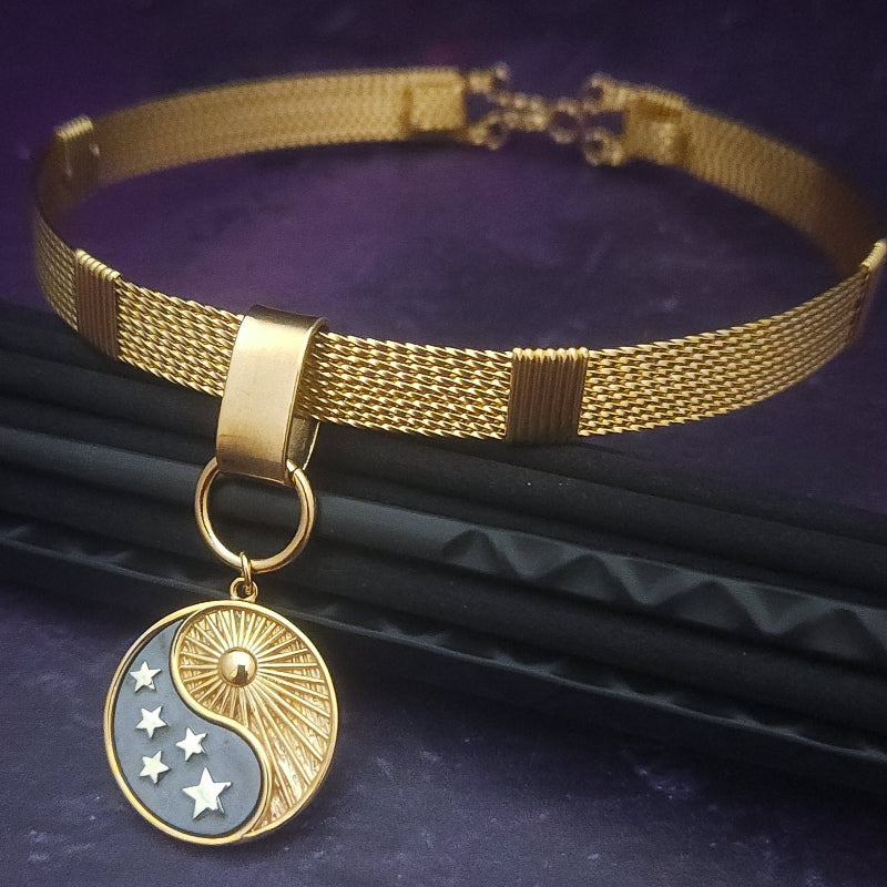 ASHANTI COLLAR w/ YIN AND YANG  Slide- a powerful combination of  opposing forces that come together to create a dynamic system where unity reigns and each piece plays a vital role in maintaining its strength and balance. Very symbolic of Doms and subs. By My Secret Heart Studios