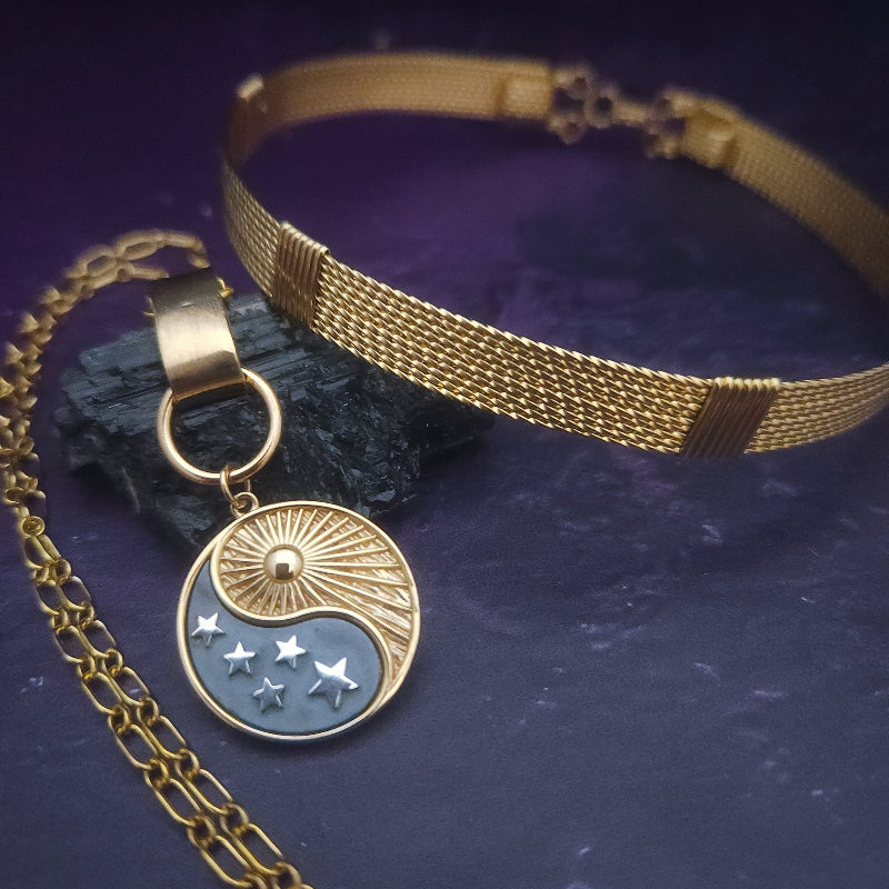 ASHANTI COLLAR w/ YIN AND YANG  Slide- a powerful combination of  opposing forces that come together to create a dynamic system where unity reigns and each piece plays a vital role in maintaining its strength and balance. Very symbolic of Doms and subs. By My Secret Heart Studios