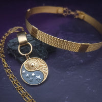 ASHANTI COLLAR w/ YIN AND YANG  Slide- a powerful combination of  opposing forces that come together to create a dynamic system where unity reigns and each piece plays a vital role in maintaining its strength and balance. Very symbolic of Doms and subs. By My Secret Heart Studios