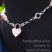 Adorn yourself with this beautiful handcrafted silver and onyx chain that can be transformed into stylish handcuffs and ankle restraints, a chic locking collar, or a decorative necklace for Dominants. Connect it to the back of a collar for a sexy look, and give a tug on the chain for an extra choking sensation. With its versatile appeal, CONVERSION CHAIN, BLACK ONYX & STERLING will certainly be a beloved accessory! By My Secret Heart Studios