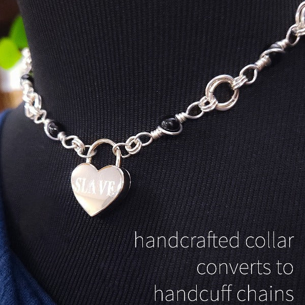 Adorn yourself with this beautiful handcrafted silver and onyx chain that can be transformed into stylish handcuffs and ankle restraints, a chic locking collar, or a decorative necklace for Dominants. Connect it to the back of a collar for a sexy look, and give a tug on the chain for an extra choking sensation. With its versatile appeal, CONVERSION CHAIN, BLACK ONYX & STERLING will certainly be a beloved accessory! By My Secret Heart Studios
