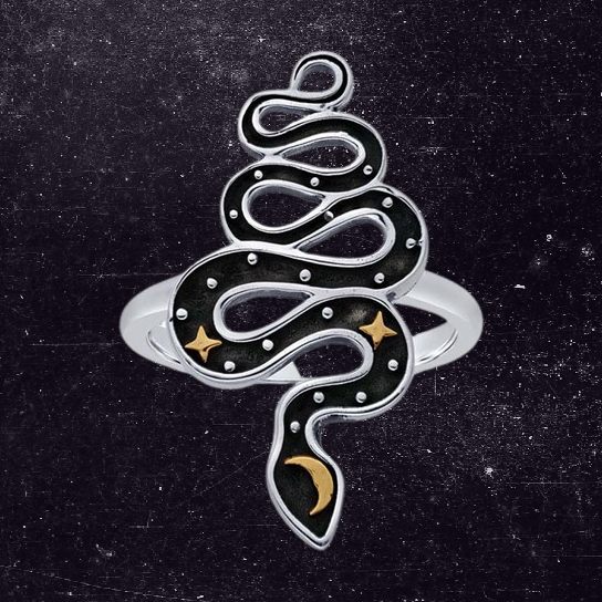 This sterling silver ring proves that style and symbolism can coexist! Its snake silhouette, crescent moon, two stars, and shining silver granules create a striking look against an dark oxidized background. Let this piece of sterling make a statement, or add the perfect edge to any outfit.