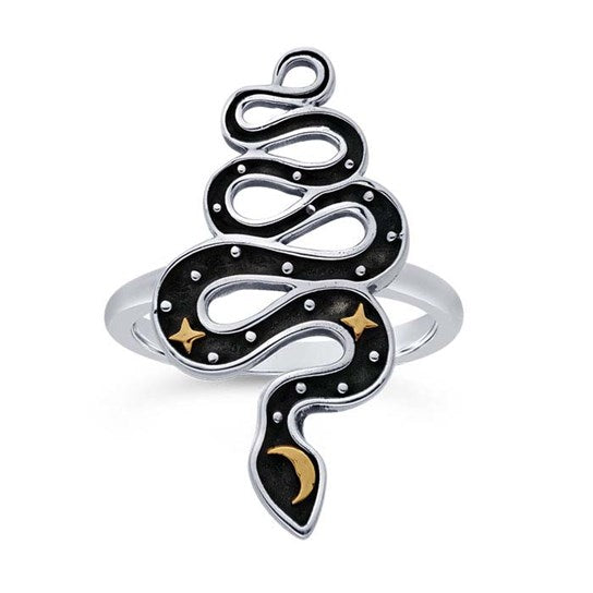 This sterling silver ring proves that style and symbolism can coexist! Its snake silhouette, crescent moon, two stars, and shining silver granules create a striking look against an dark oxidized background. Let this piece of sterling make a statement, or add the perfect edge to any outfit.