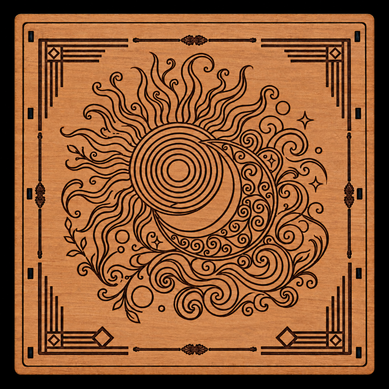 A square wooden Scrabble Game Set featuring a detailed black laser-engraved design of a sun and moon surrounded by decorative swirls and a geometric border.