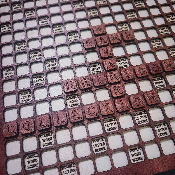 Scrabble tile holder with letter tiles and score indicators.