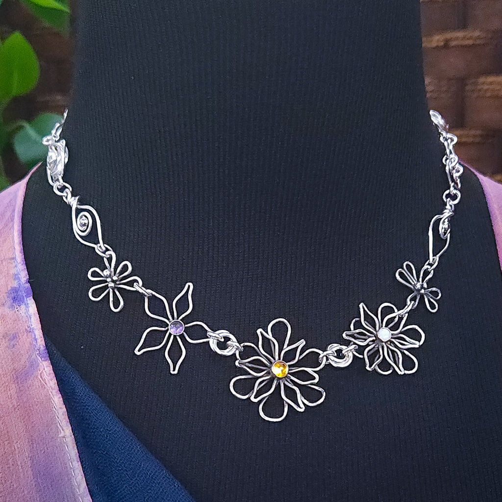 *Ready To Ship Garden Silhouette Gemstone Necklace, Dahlia and Rose Bud {One-Of-A-Kind}