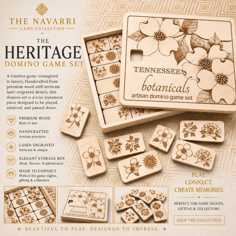 Navarri Game Collection Tennessee Botanicals artisan domino game set with wooden tiles and box.