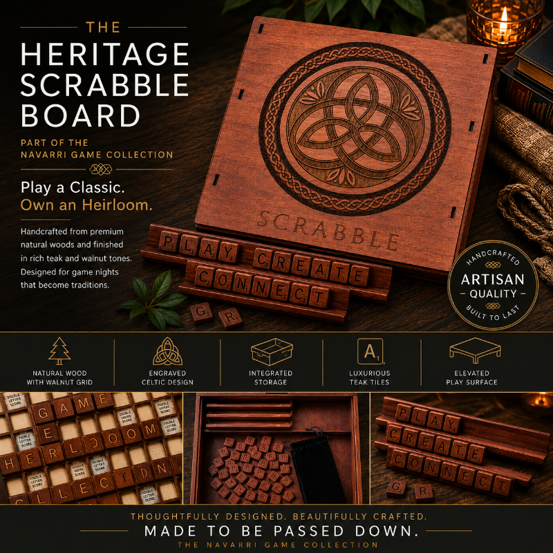 Wooden Scrabble board with engraved Celtic design and game pieces on a dark background.