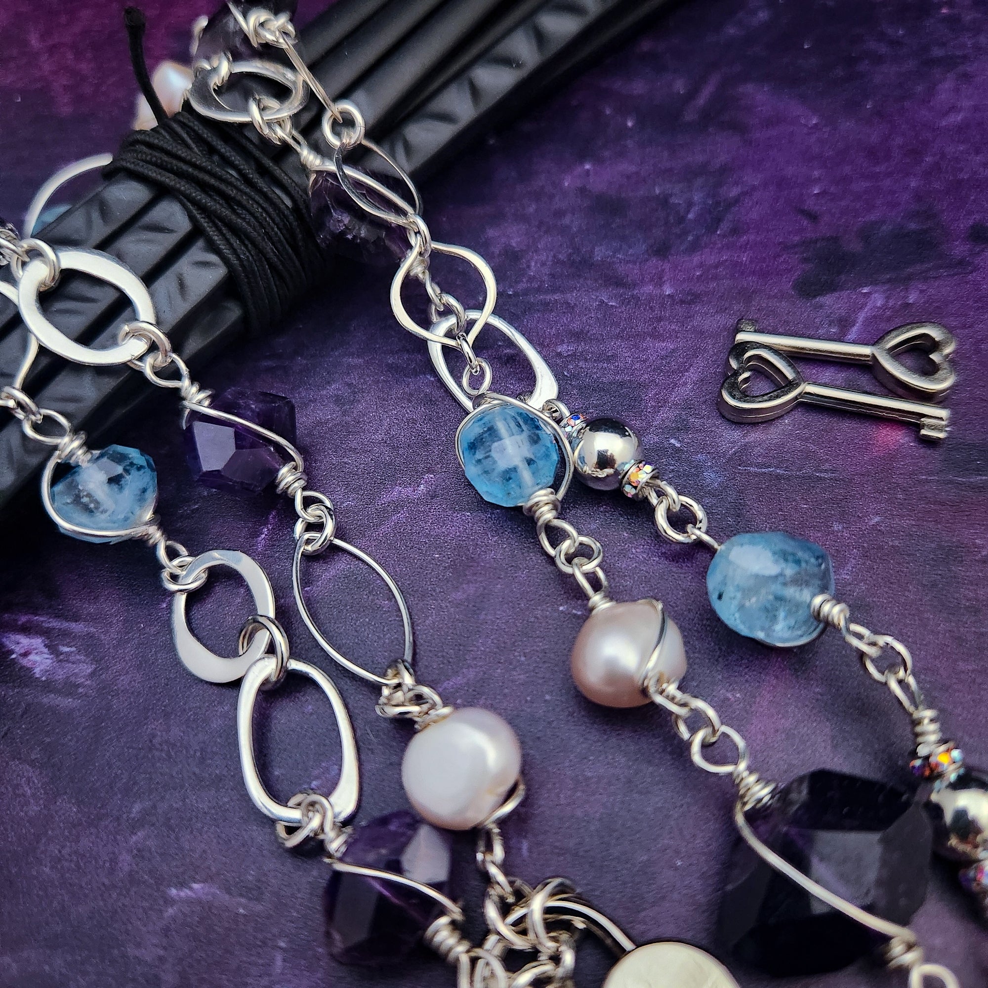 SOLD - KITTEN BELL, QUEEN DIVA, Sterling, Aquamarine, Amethyst & Pearl {Locking Submissive Style or Traditional} One Of a Kind