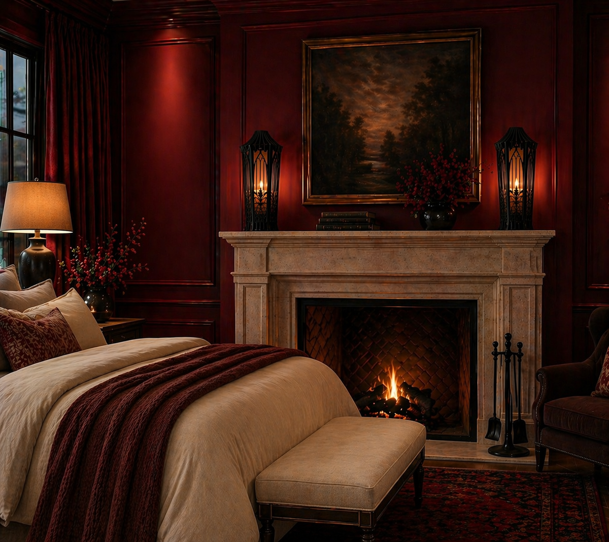 Moroccan inspired Standing Candle Lanterns in a cozy bedroom with fireplace, bed, and decorative elements.