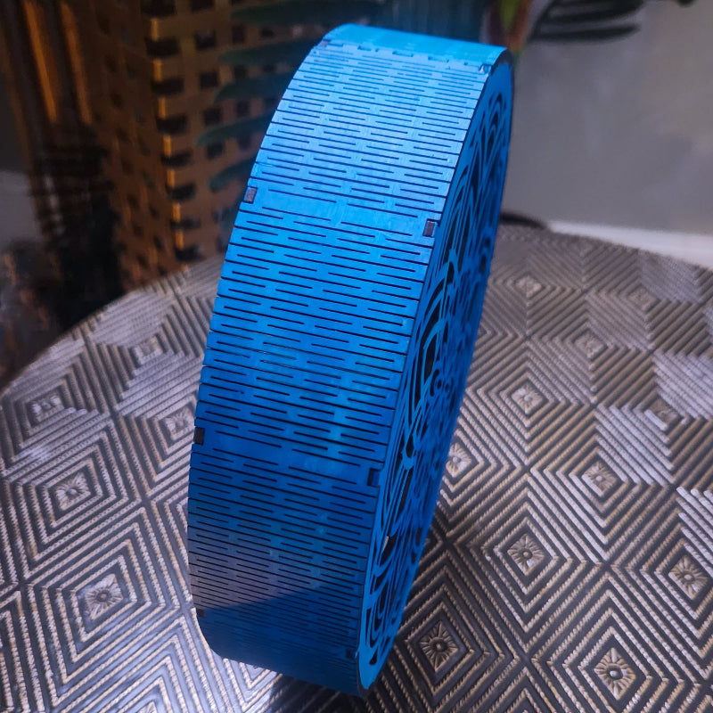 Blue textured wheel on a patterned surface