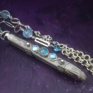 A BDSM gemstone necklace with a kinky secret. It holds a vibe! The ultimate luxury, this classic beauty pays homage to those dark, sensual moods London Blue Topaz and Aquamarines. One of a Kind design By My Secret Heart Studios