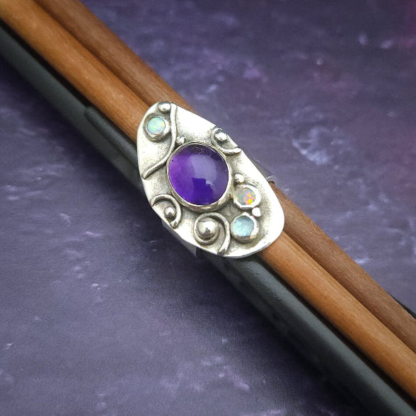 SOLD - One of A Kind Ring, Sterling, Amethyst, Opal and Swiss Blue Gems