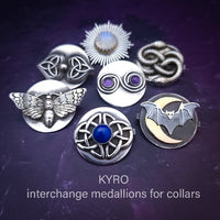 KYRO LOCKING SUBMISSIVE COLLARS are created to accommodate interchangeable medallions. In a heartbeat, you can transform from gothic to girly, or casual to dramatic. So discreet, so unique, no one will ever guess that it's a statement of ownership. Infinity with Amethyst Medallion By My Secret Heart Studios