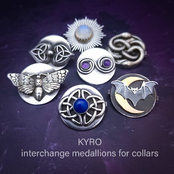 KYRO LOCKING SUBMISSIVE COLLARS are created to accommodate interchangeable medallions. In a heartbeat, you can transform from gothic to girly, or casual to dramatic. So discreet, so unique, no one will ever guess that it's a statement of ownership. Infinity with Amethyst Medallion By My Secret Heart Studios