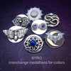 The KYRO INTERCHANGEABLE MEDALLIONS are created to wear on the KYRO COLLARS and can be effortlessly changed. In a heartbeat, you can transform a collar from gothic to girly, uptown to downtown, or casual to dramatic. By My Secret Heart Studios.