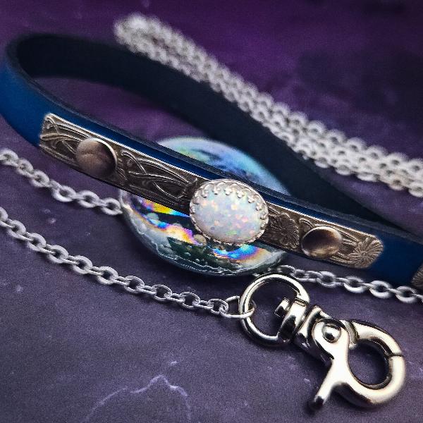 PET LEASH for Submissive, Sterling Silver, Deep Blue Leather and Opal, One of A Kind