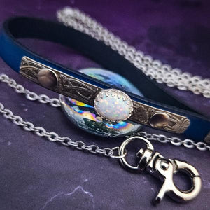 READY TO SHIP PET LEASH for Submissive, Sterling Silver, Deep Blue Leather and Opal, One of A Kind