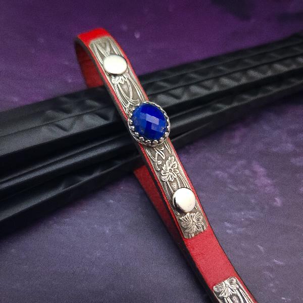 PET LEASH for Submissive, Sterling Silver, Red Leather and Lapis, One of A Kind