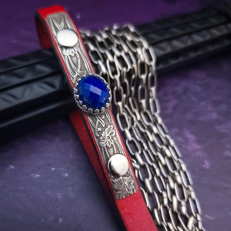 PET LEASH for Submissive, Sterling Silver, Red Leather and Lapis, One of A Kind