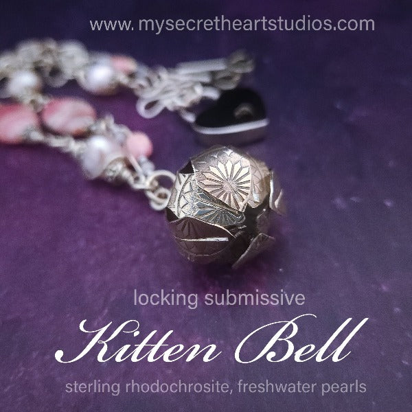 KITTEN BELL, Rhodochrosite and Pearl {Locking Submissive Style or Traditional} {{One Of a Kind, Ready To Ship}}