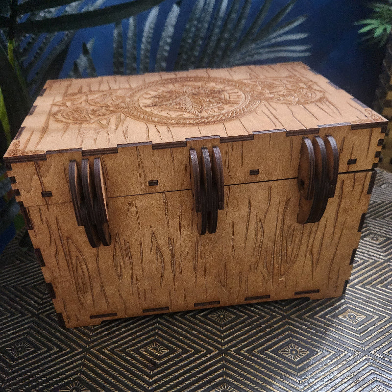 Celtic Dragon Stash Box, backside showing handcrafted wooden hingers