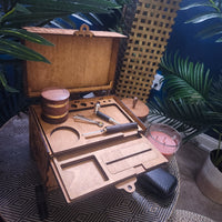 Celtic Dragon Stash Box, Open to show rolling board, papers holder, etc.