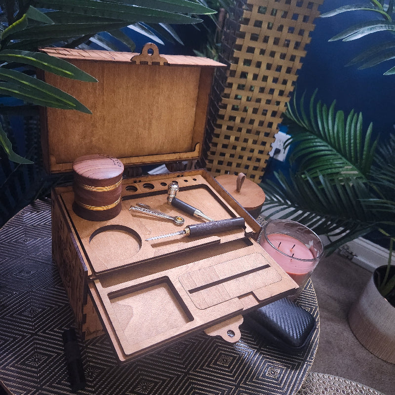 Celtic Dragon Stash Box, Open to show rolling board, papers holder, etc.