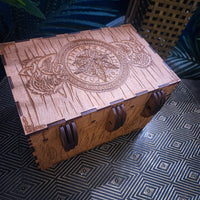 Celtic Dragon Stash Box, backside, showing handcrafted wooden hinges