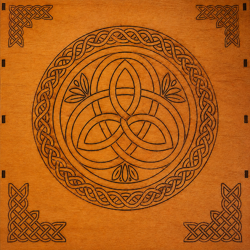 A square wooden plaque or box lid featuring a Celtic design. The center is a circular triquetra (trinity knot) motif in dark brown, surrounded by a matching circular border and decorative corner flourishes in the four corners, all on a warm orange-brown wood grain background.