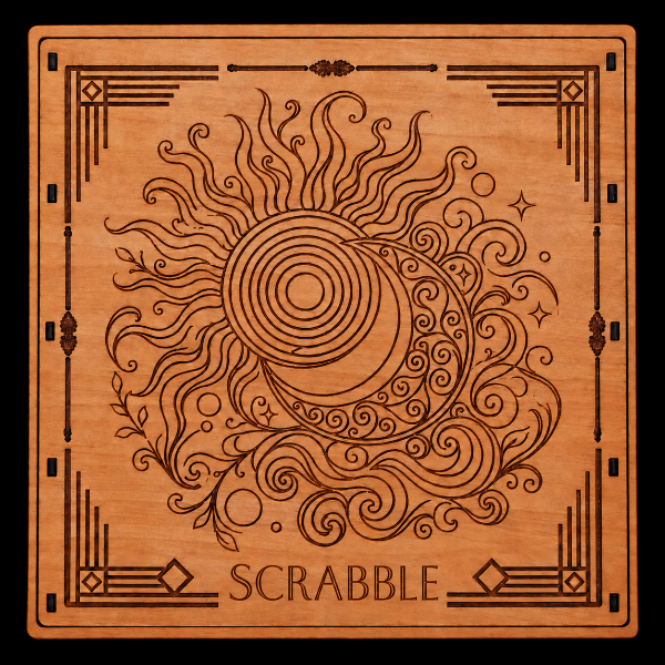 A square wooden Scrabble tile board with a laser-engraved sun and moon design, surrounded by decorative corner patterns and the word 'SCRABBLE' at the bottom, shown against a black background.