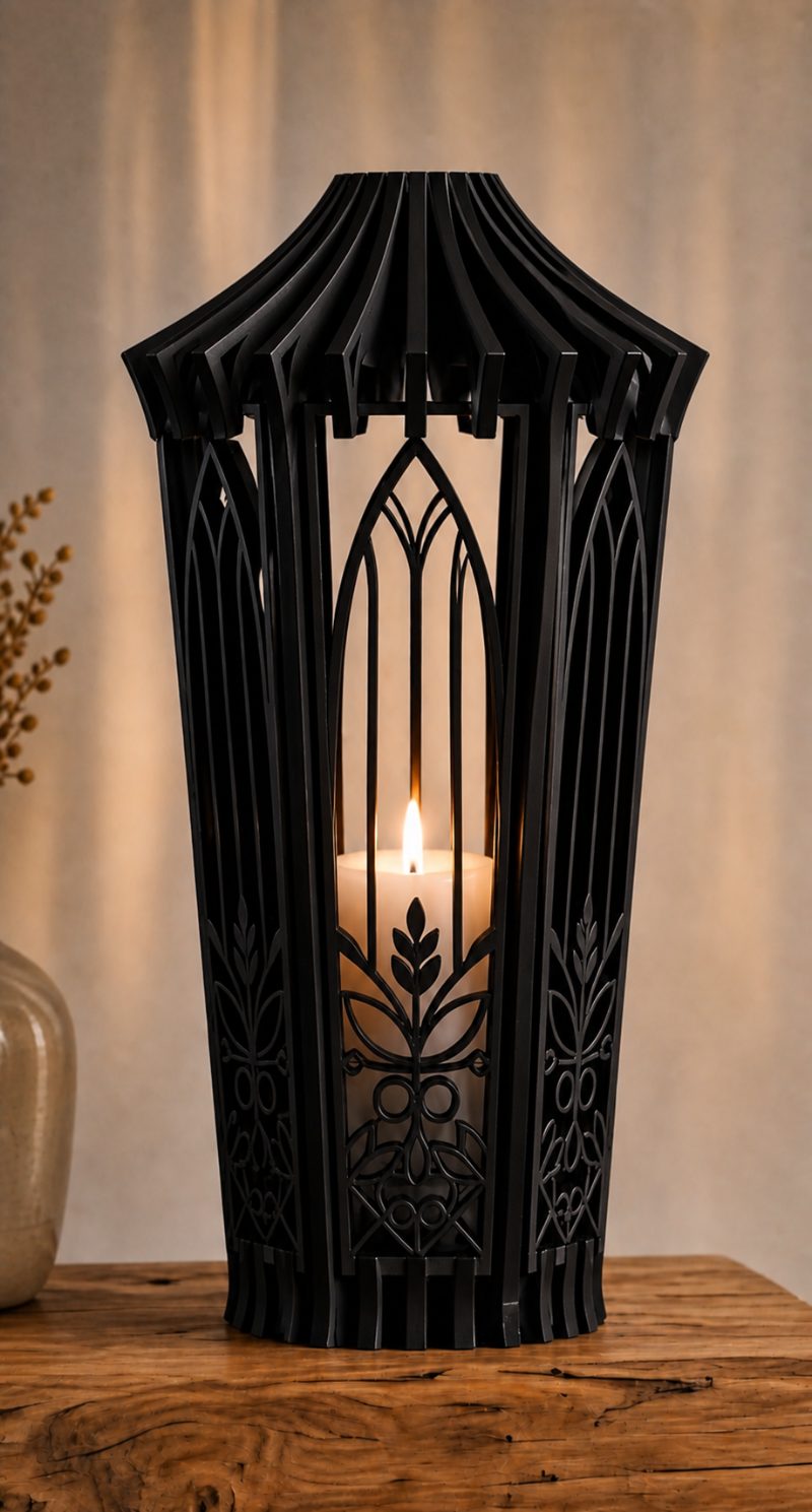 Black decorative lantern with a candle inside on a wooden surface.
