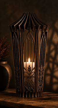 Decorative wooden lantern with a lit candle inside on a dark background