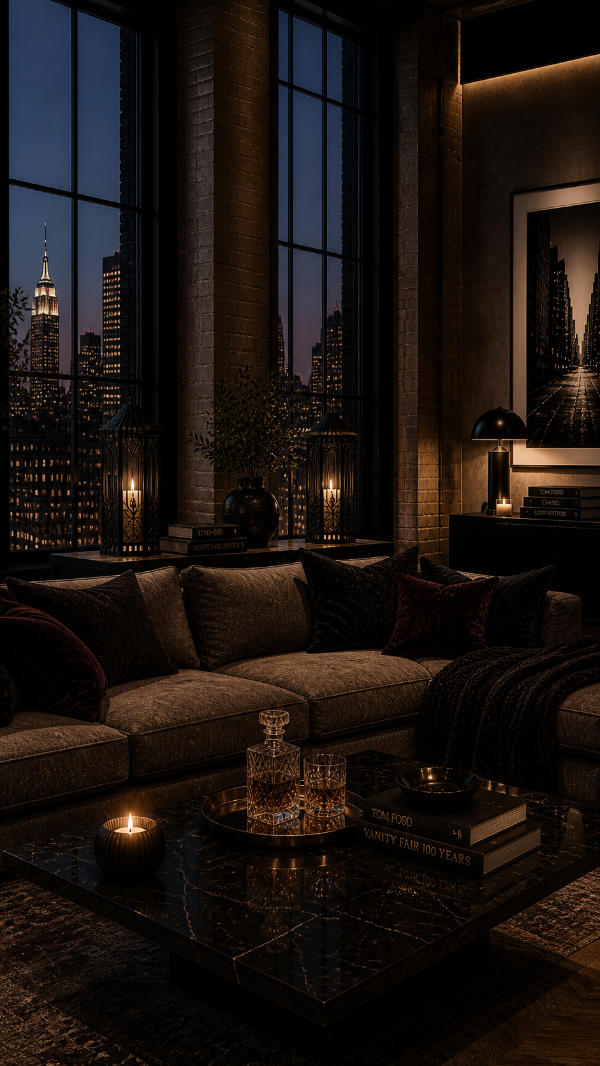 Luxurious living room with city skyline view at night