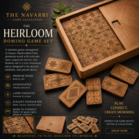 Navarri Heirloom Domino Game Set with wooden box and tiles on a dark background