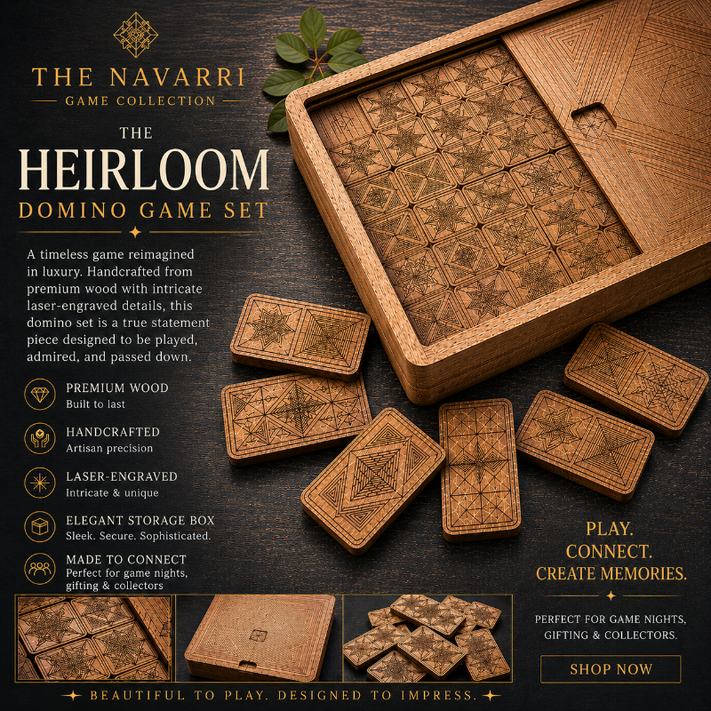 Navarri Heirloom Domino Game Set with wooden box and tiles on a dark background