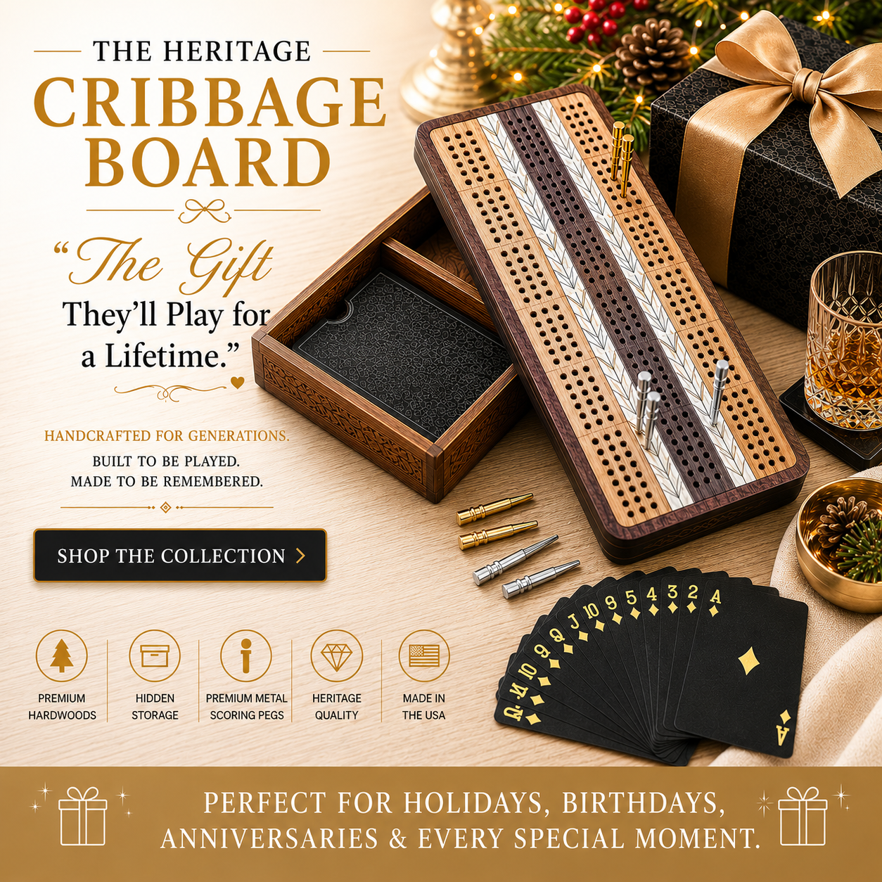 THE HERITAGE CRIBBAGE GAME SET with STORAGE BOX From THE NAVARRI GAME COLLECTION
