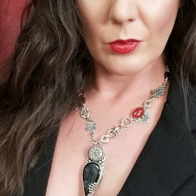 Inspired by our Mistress's of the Dark who love a bit of glitz and glamour. A ONE of A KIND Gothic Neck Piece from made from sterling silver and embellished with glitzy druzy, juicy carnelian, onyx and creepy, crawly creatures. Locking Submissive or Traditional versions.