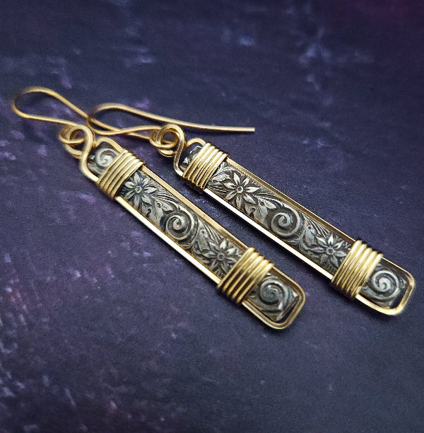 Wild Flower Drop Earrings, Sterling with Gold Wire Wrapped Accents