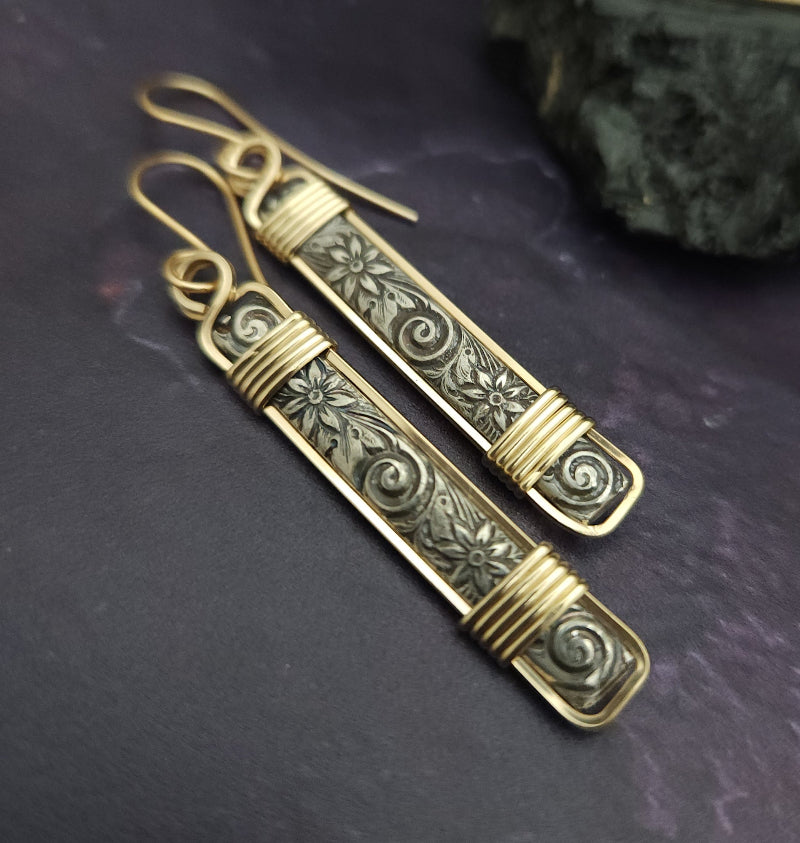 Wild Flower Drop Earrings, Sterling with Gold Wire Wrapped Accents
