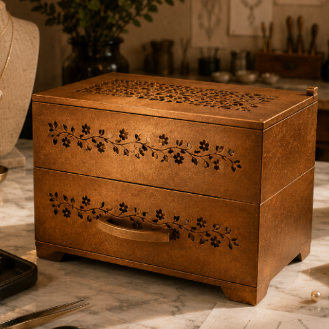 Wooden jewelry box with floral patterns on a marble table with jewelry-making tools.