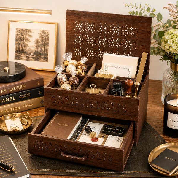 Wooden desk organizer with stationery items on a desk