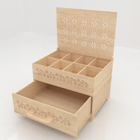 Wooden jewelry box with floral patterns on a white background