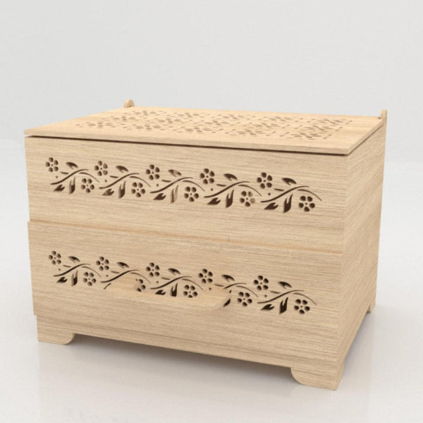 Wooden box with floral patterns on a white background