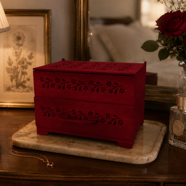 Red decorative box on a wooden surface with a lamp, mirror, and flowers in the background.