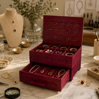 Red jewelry box with jewelry on a table with tools and materials in the background