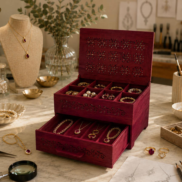 Red jewelry box with jewelry on a table with tools and materials in the background