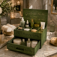 Green jewelry box with skincare products on a bathroom counter